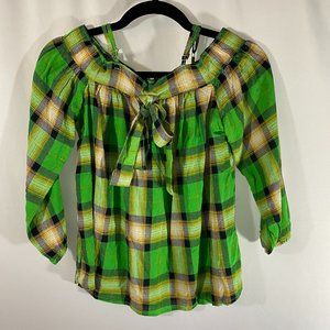 Iky and Me Green Plaid Women's Blouse w/Tie